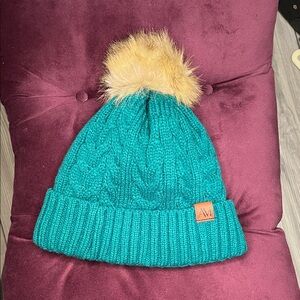 AM Green Lined Hat with Faux Fur Pom